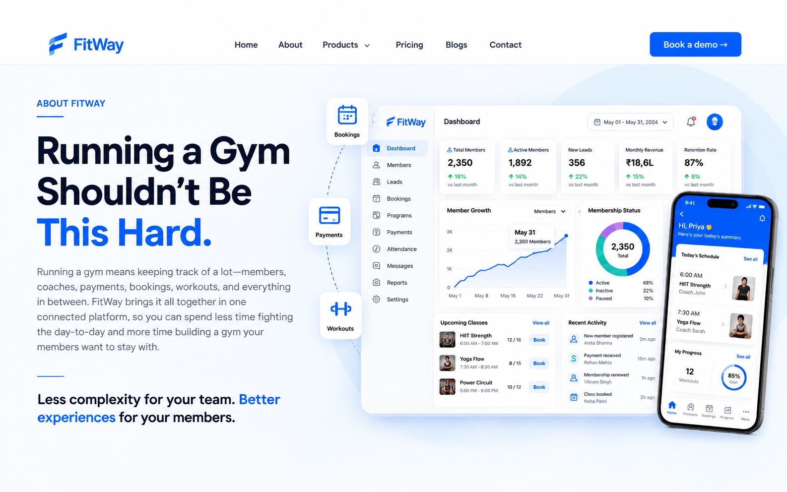 FitWay dashboard and member app, showing memberships, bookings, payments, and workout progress.