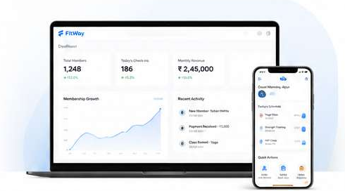FitWay CRM dashboard displayed on a laptop beside the member app on a phone