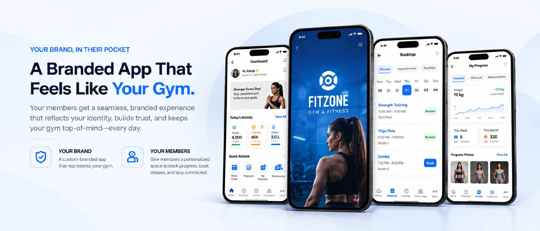 Branded member app screens showing a gym’s identity, bookings, and progress tracking.