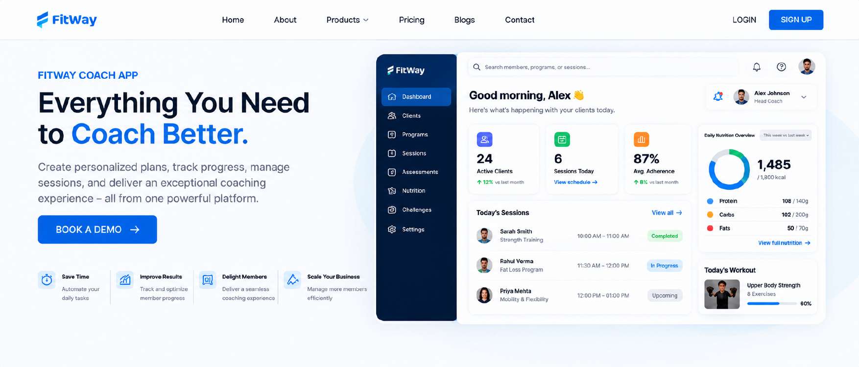 FitWay Coach App dashboard with clients, sessions, workout plans, and nutrition tracking.