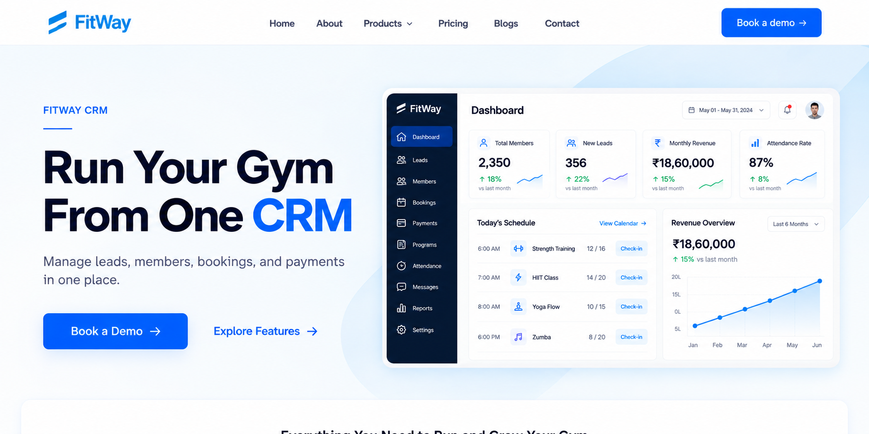 FitWay CRM dashboard showing memberships, bookings, payments, and reports.